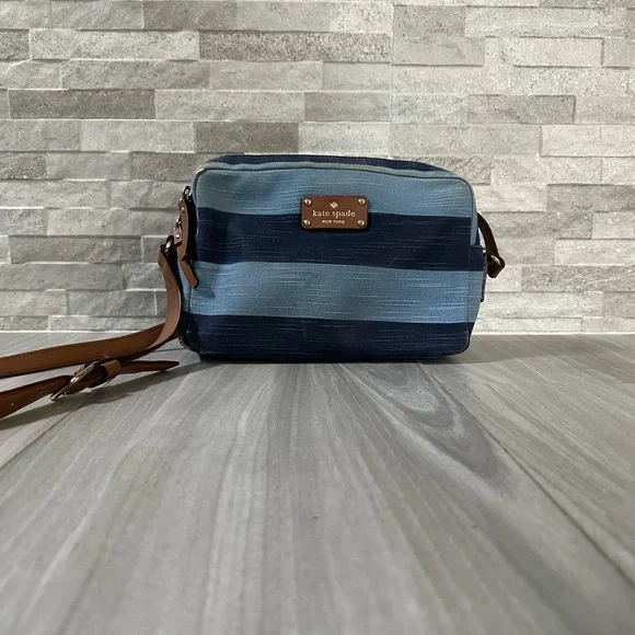 Kate Spade Denim Stripe Crossbody Camera Bag- leather Strap- Blue Brown Gold - Picture 2 of 11